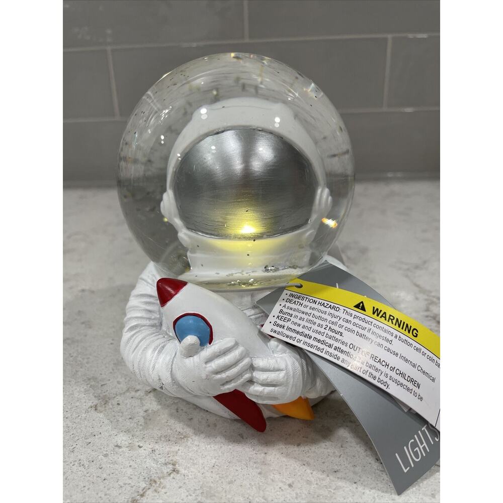 ASTRONAUT Light Up Snow Globe Silver Glitter Desk Accessory Paper Weight Space